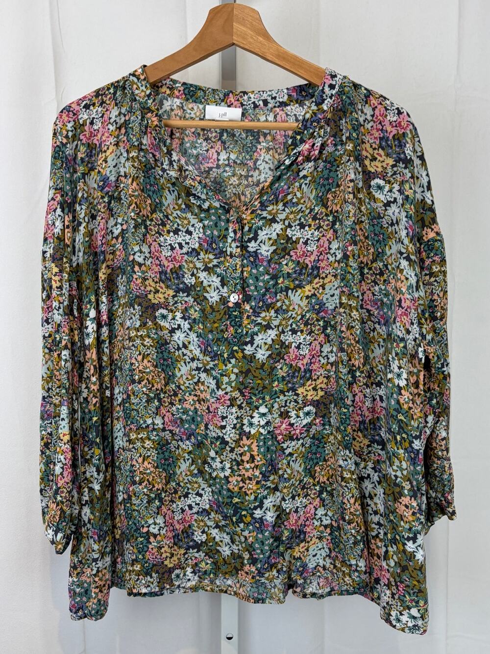 J. JILL Floral Popover Top 3/4 Sleeve Henley Button Rayon Multicolor Size L
